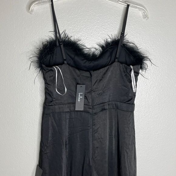 Lulu’s Black Feather Together Satin Wide Leg Jumpsuit Medium - Picture 9 of 16